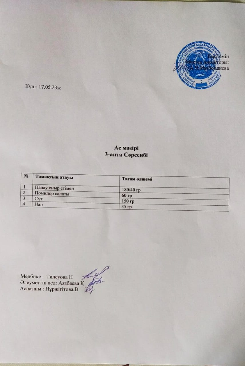 17.05.2023жыл ас мәзірі